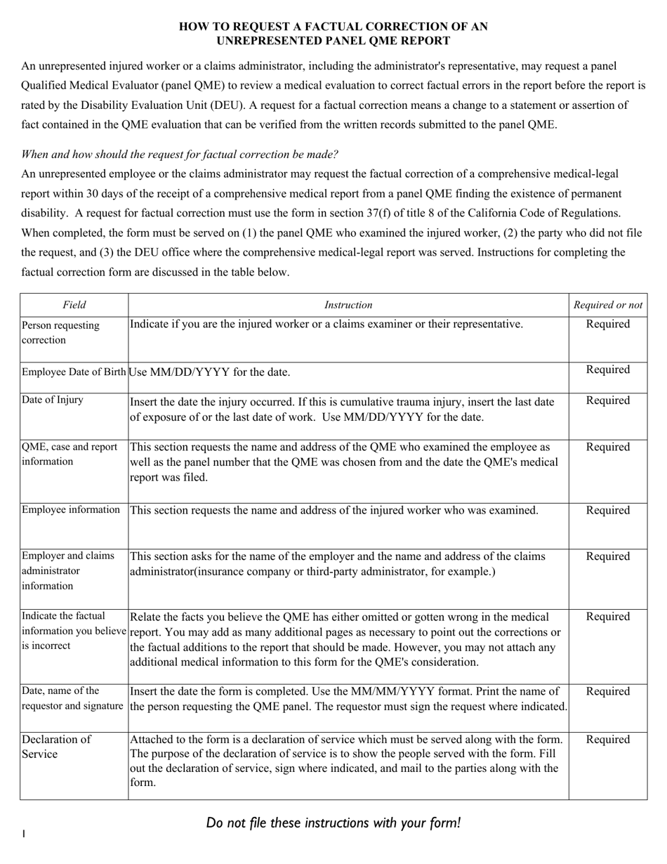 QME Form 37 Request for Factual Correction of an Unrepresented Panel Qme Report - California, Page 3
