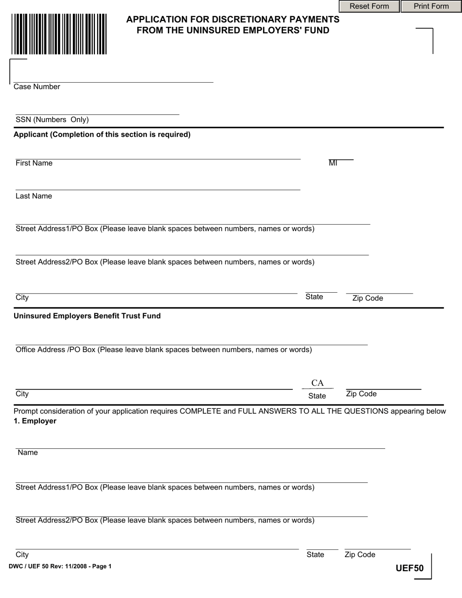 Form DWC / UEF50 Application for Discretionary Payments From the Uninsured Employers Fund - California, Page 1