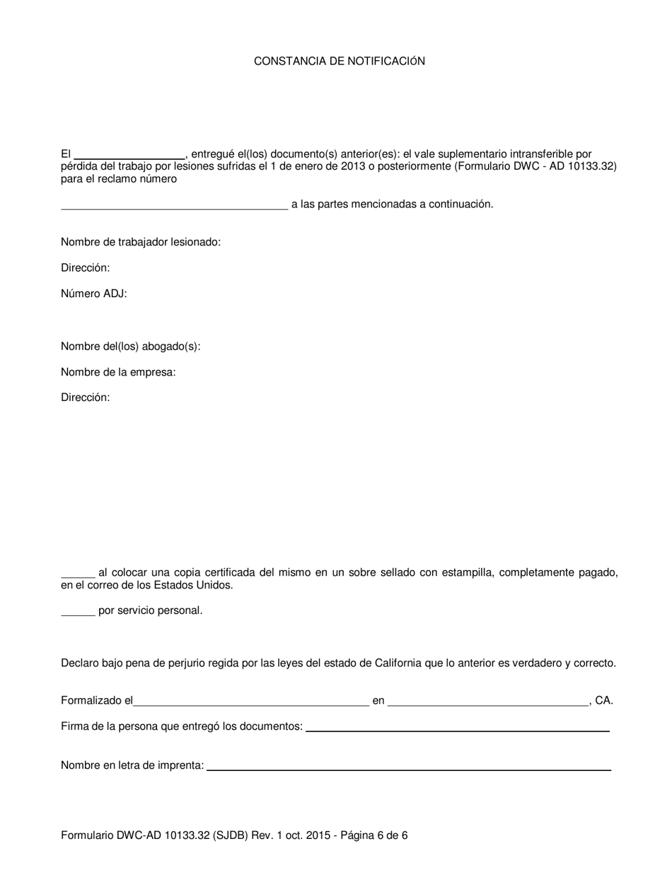 Formulario DWC-AD10133.32 Formulario De Vale Suplementario Intransferible Por Perdida Del Trabajo Debido a Lesiones Sufridas El 1 De Enero De 2013 O Posteriormente - California (Spanish), Page 6