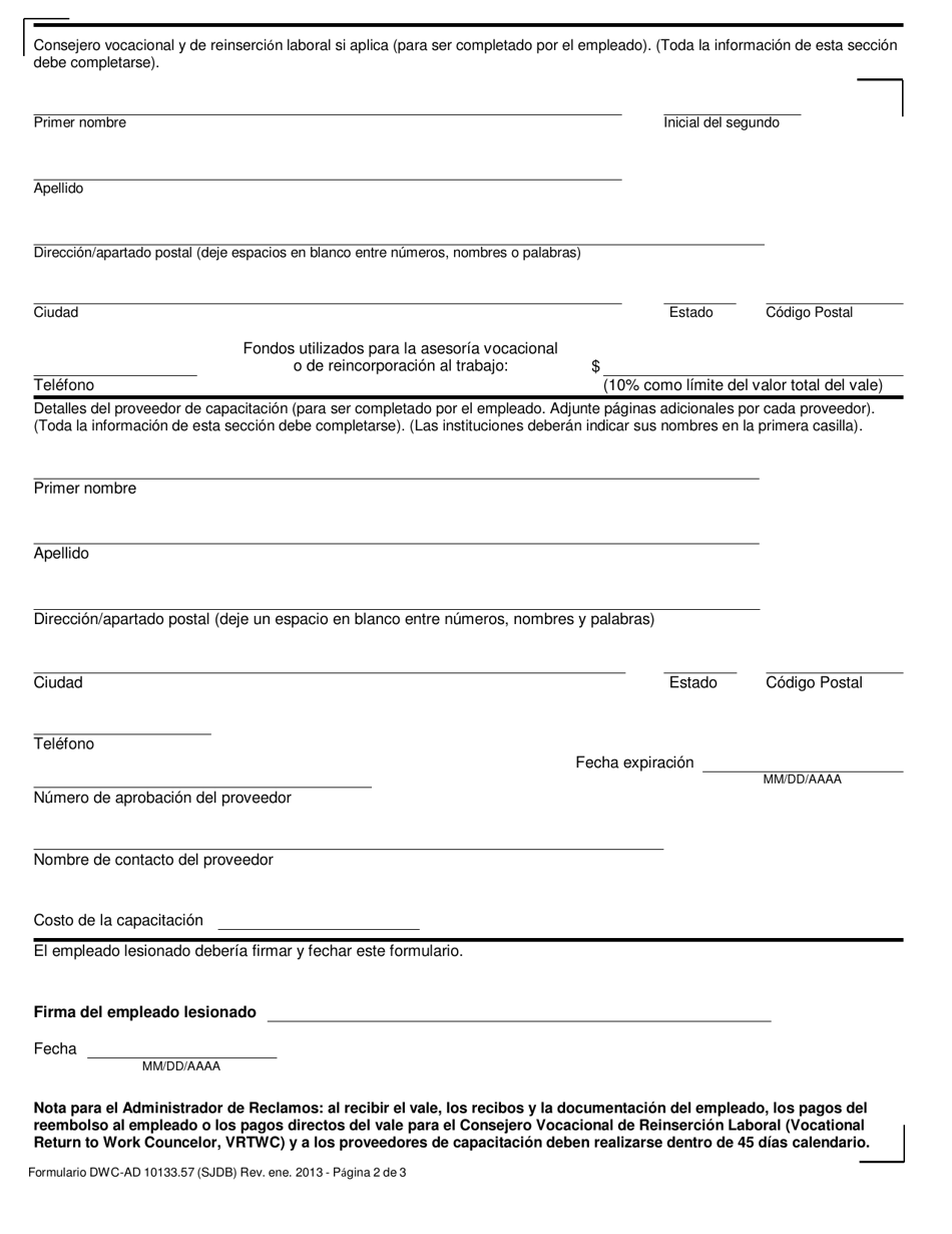 Formulario DWC-AD10133.57 Formulario De Vale Suplementario Intransferible Por Perida Del Trabajo Por Lesiones Sufridas Entre El 1 Ene. 2004 Y 31 DIC. 2012 - California (Spanish), Page 2