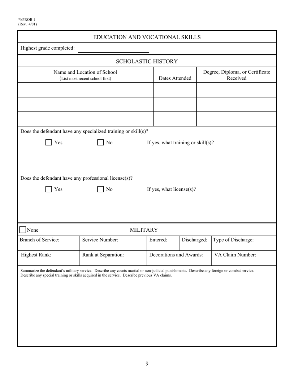 Form PROB1 Worksheet for Presentence Report, Page 9