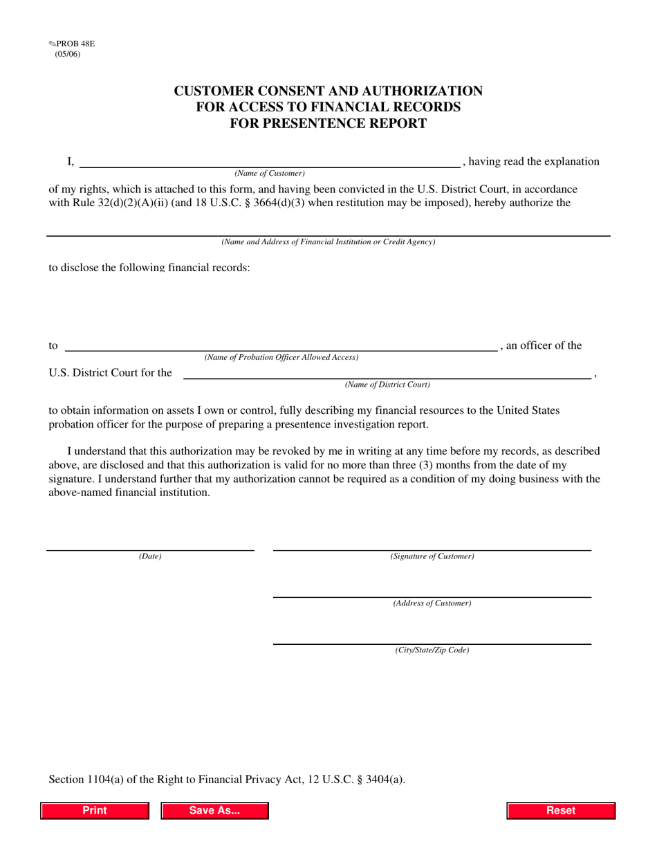 Form PROB48E Customer Consent and Authorization for Access to Financial Records for Presentence Report, Page 1
