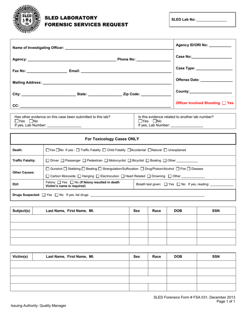Form FSA031 Sled Laboratory Forensic Services Request - South Carolina