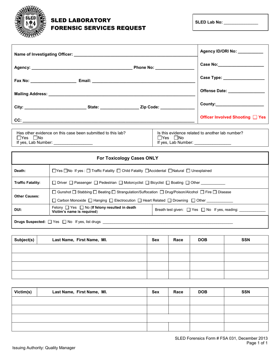 Form FSA031 Sled Laboratory Forensic Services Request - South Carolina, Page 1