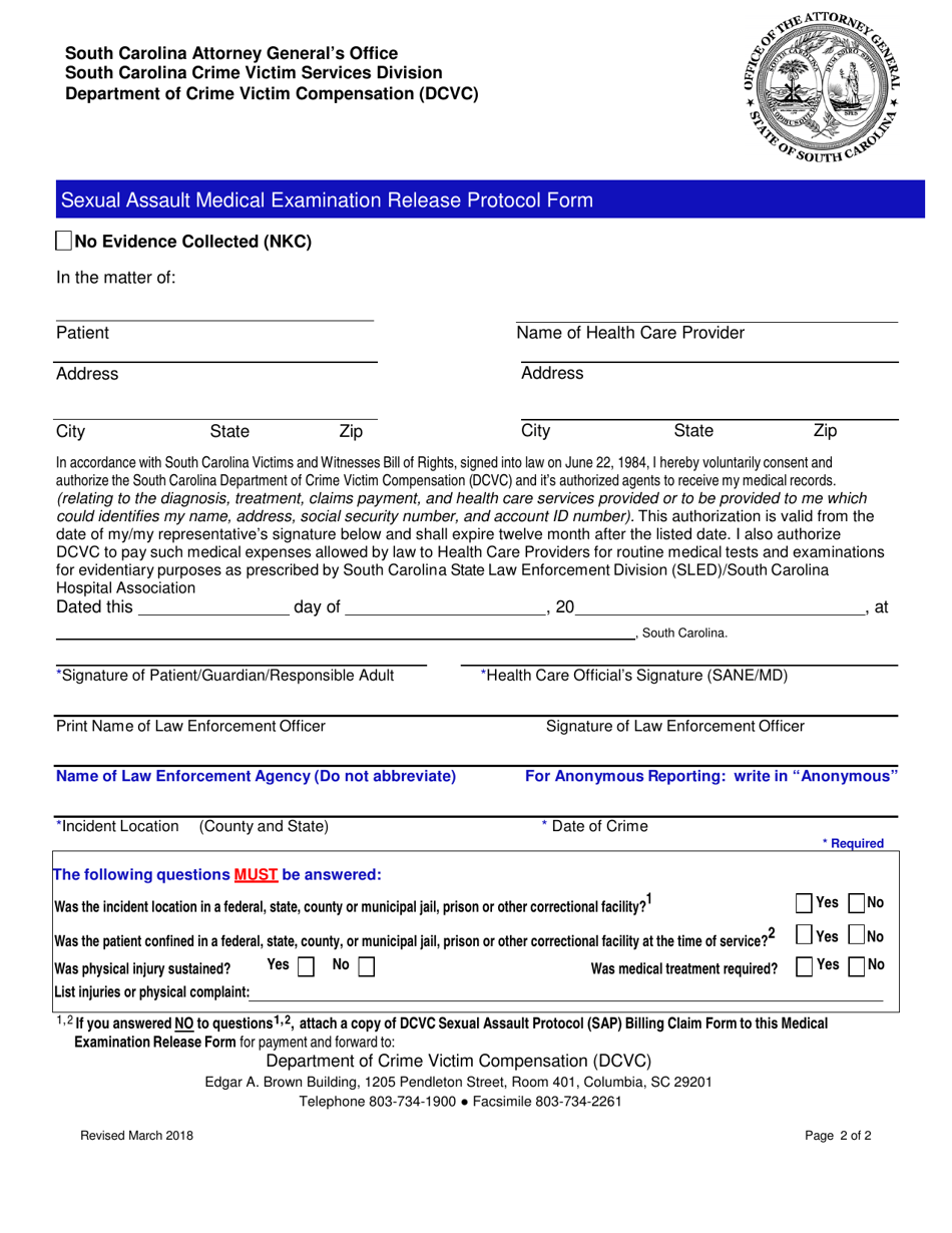 Sexual Assault Medical Examination Release Protocol Form - South Carolina, Page 1
