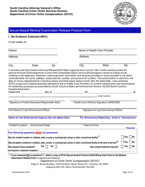 Sexual Assault Medical Examination Release Protocol Form - South Carolina Download Pdf