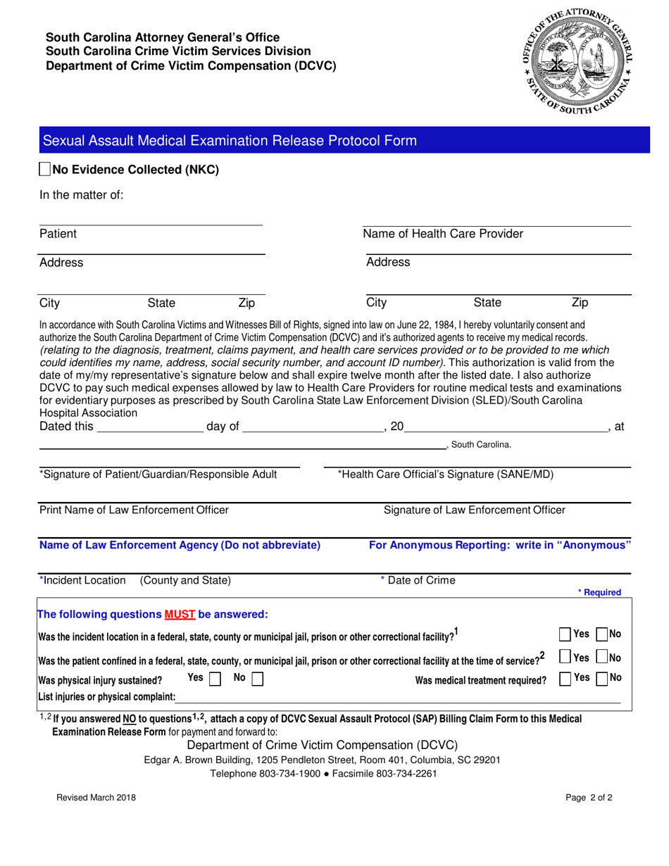 South Carolina Sexual Assault Medical Examination Release Protocol Form Fill Out Sign Online 5090