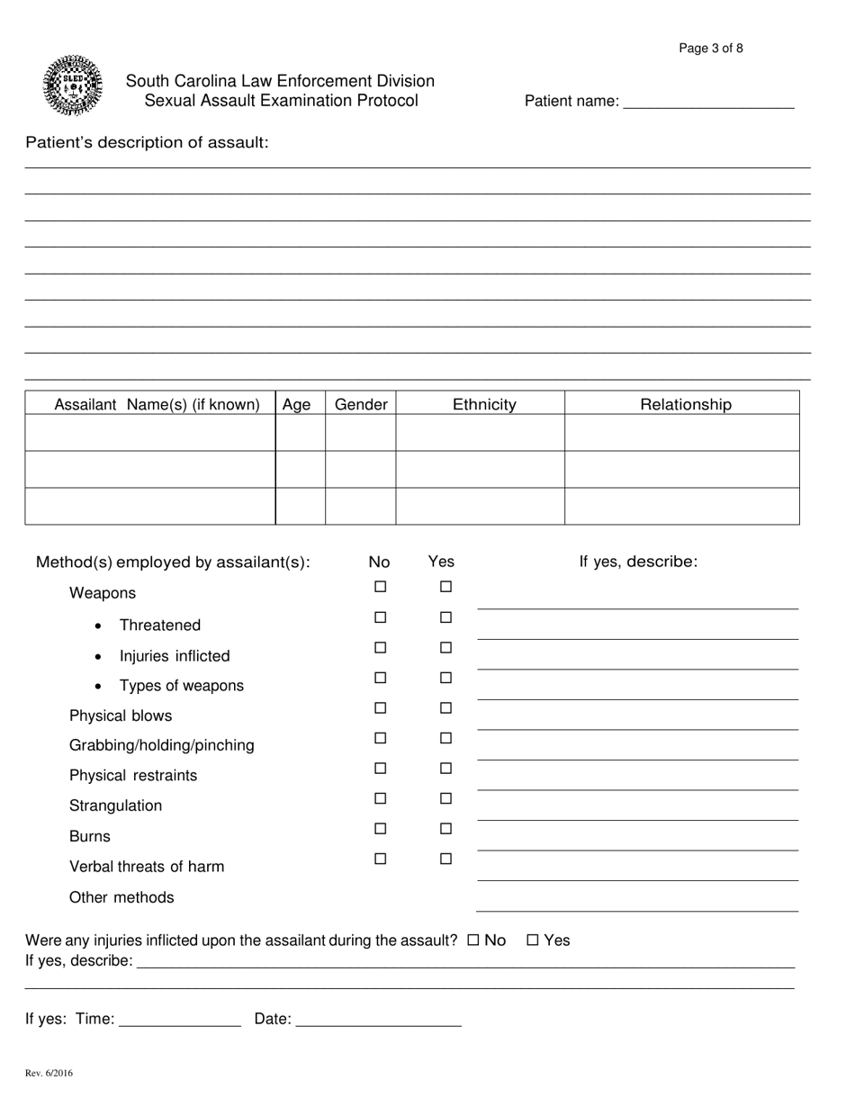 Sexual Assault Examination Protocol - South Carolina, Page 3