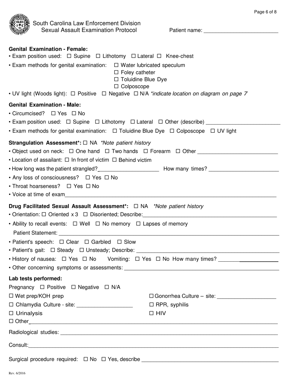 Sexual Assault Examination Protocol - South Carolina, Page 6