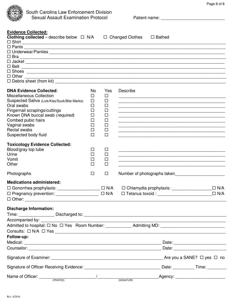 Sexual Assault Examination Protocol - South Carolina, Page 8