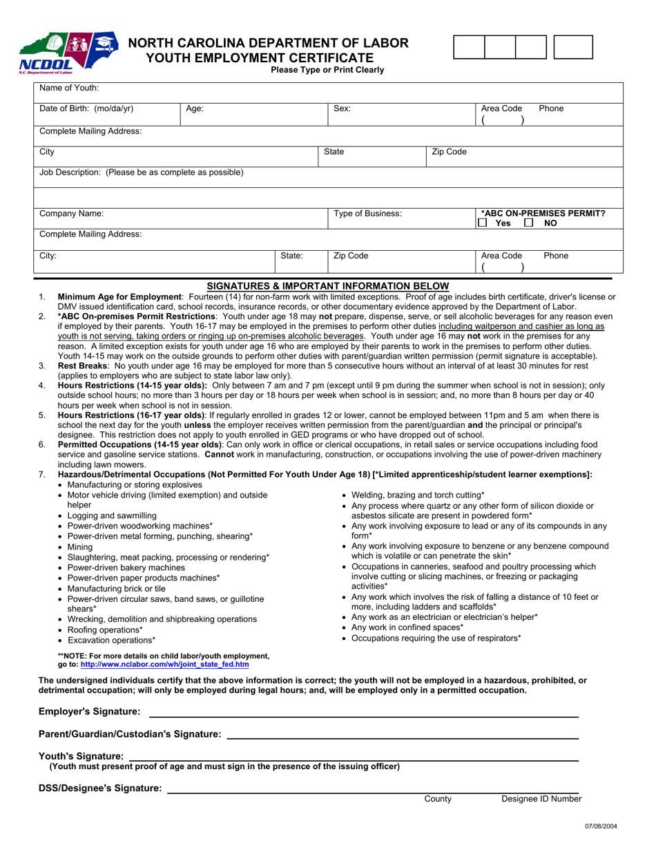 Youth Employment Certificate - North Carolina, Page 1