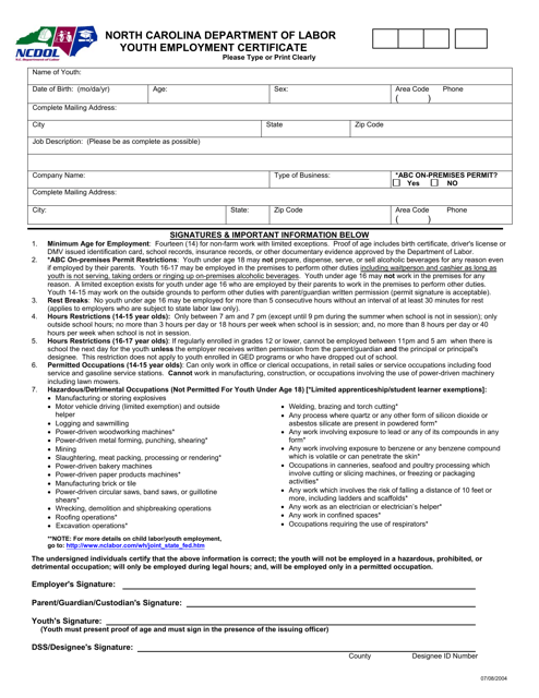 Youth Employment Certificate - North Carolina Download Pdf