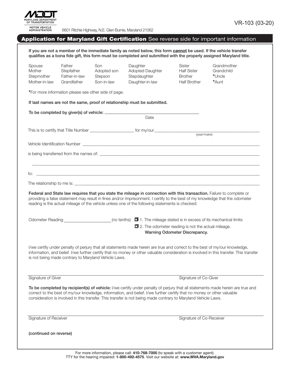 Form VR-103 Application for Maryland Gift Certification - Maryland, Page 1