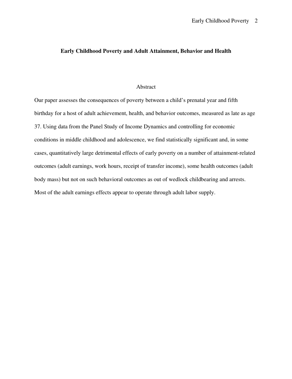 Early Childhood Poverty and Adult Attainment, Behavior and Health - University of Chicago, Page 2