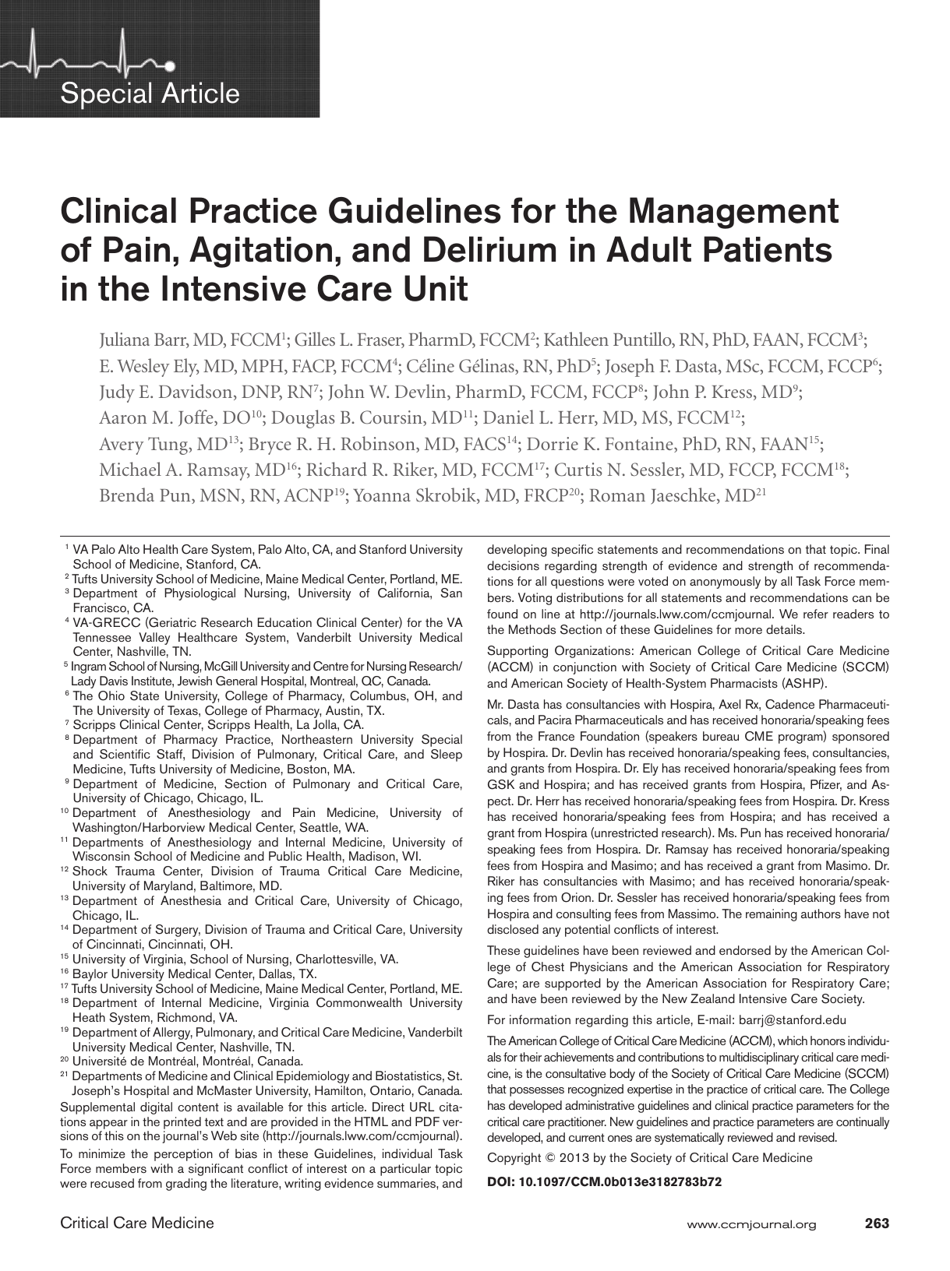 Clinical Practice Guidelines for the Management of Pain, Agitation, and
