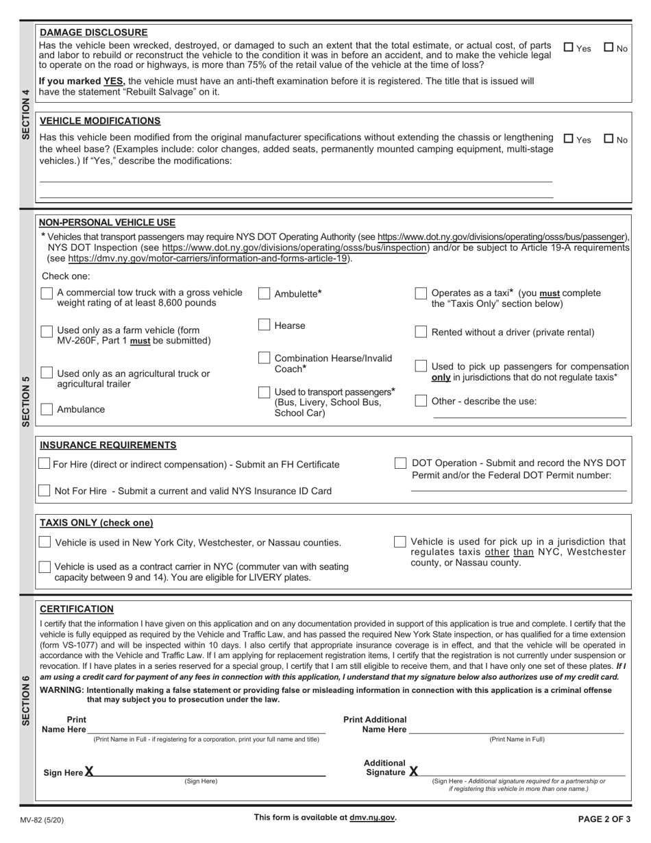 Form MV-82 Vehicle Registration / Title Application - New York, Page 2