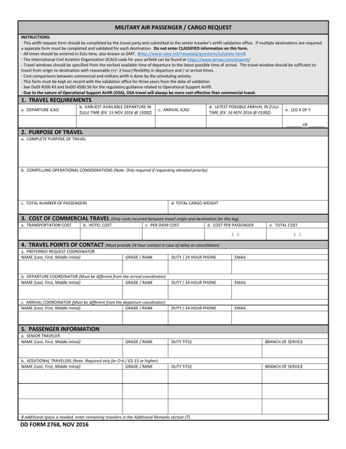 DD Form 2768 Military Air Passenger/Cargo Request