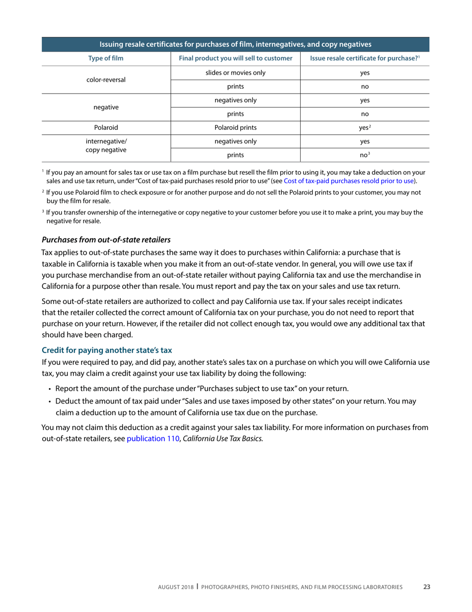 Publication 68 - Tax Tips for Photographer, Photo Finishers, and Film Processing Laboratories - California, Page 26