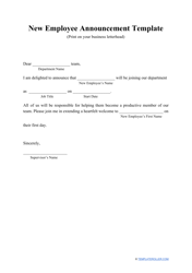 Document preview: New Employee Announcement Template