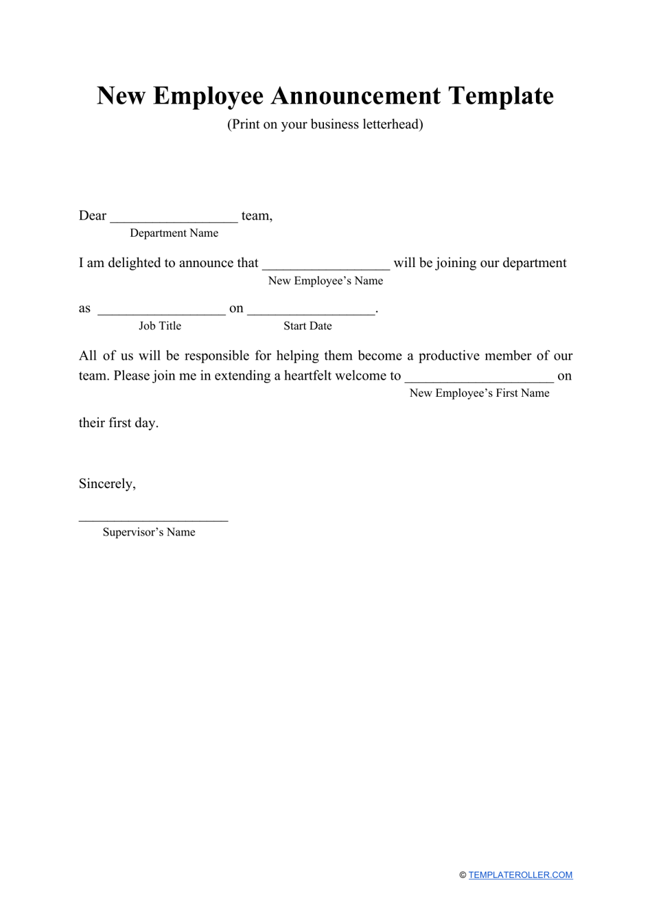 New Employee Announcement Template Fill Out, Sign Online and Download