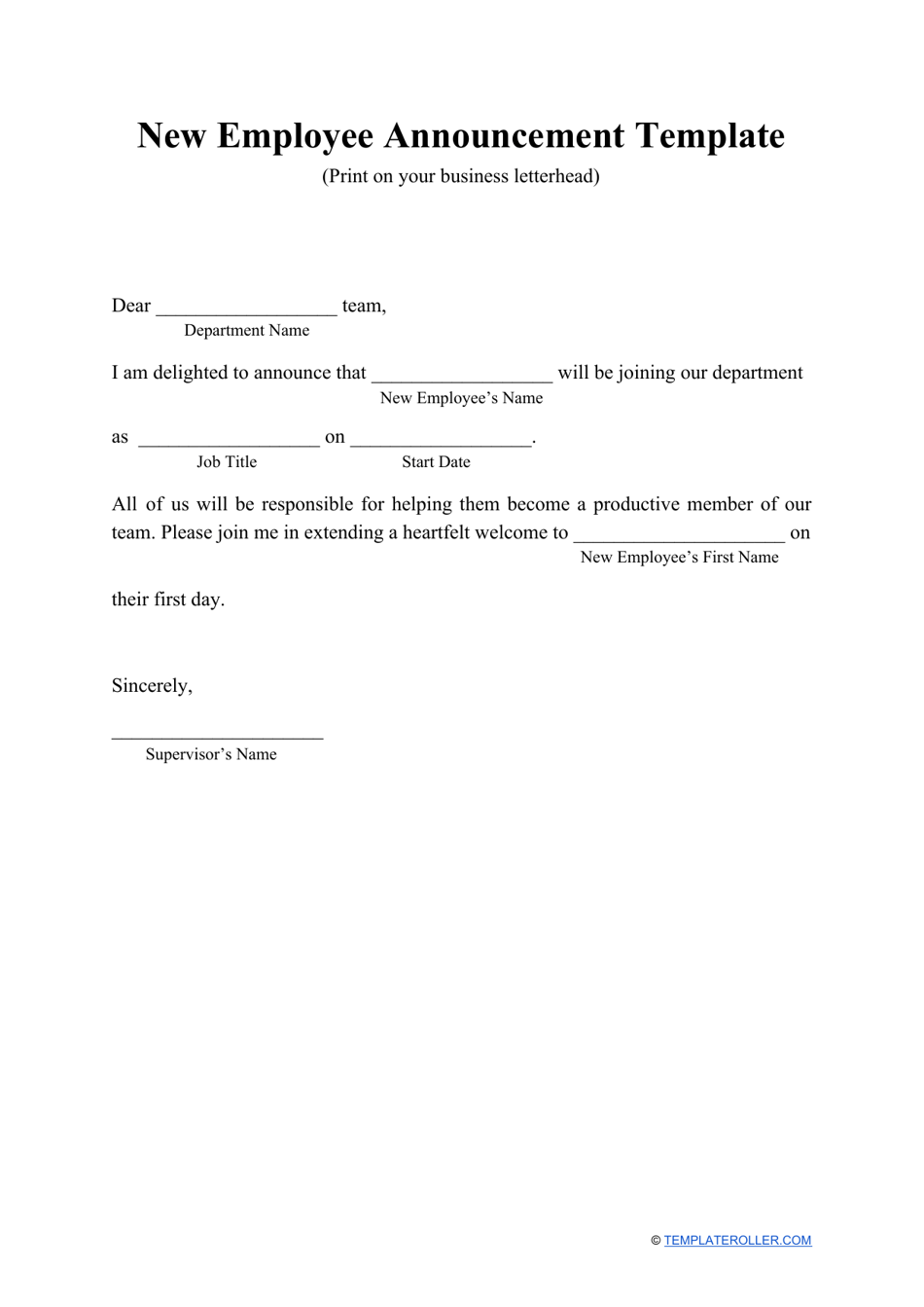 New Employee Announcement Template, Page 1