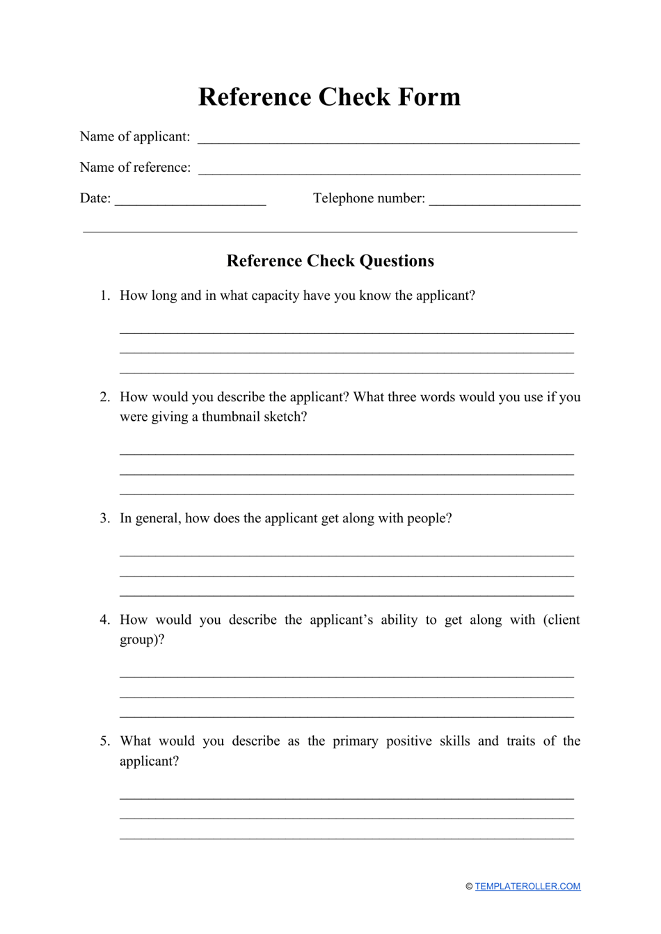 Printable Reference Check Form Template Printable Templates Free 0907