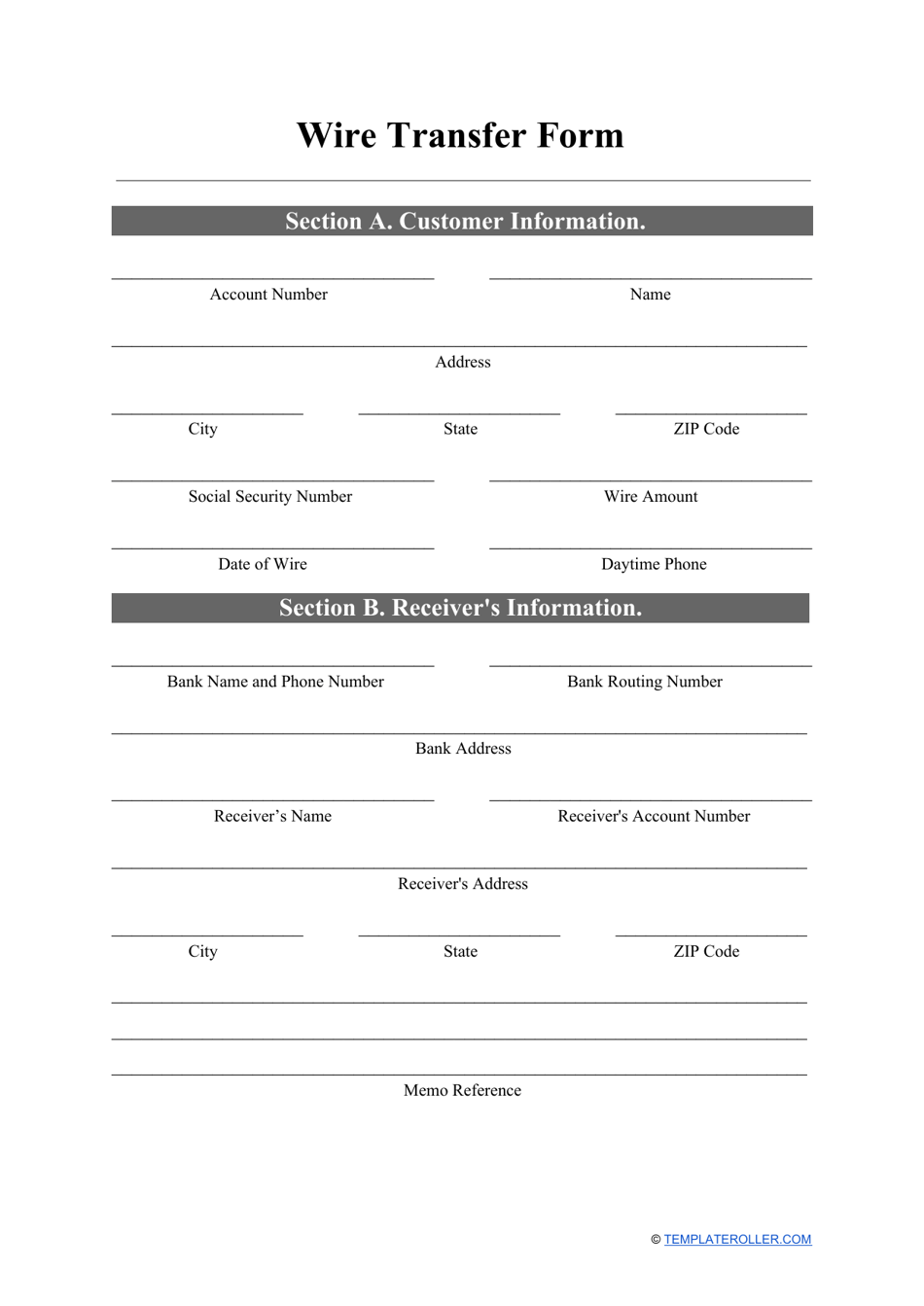 Wire Transfer Form, Page 1