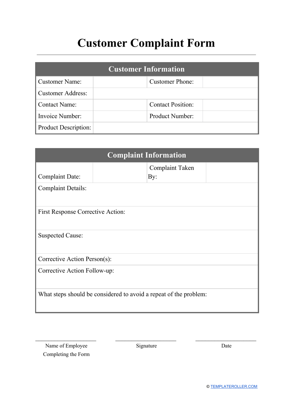 Customer Complaint Form, Page 1
