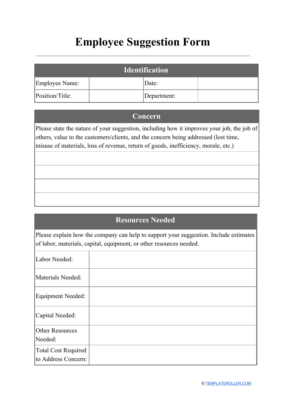 Employee Suggestion Form Template Free Download