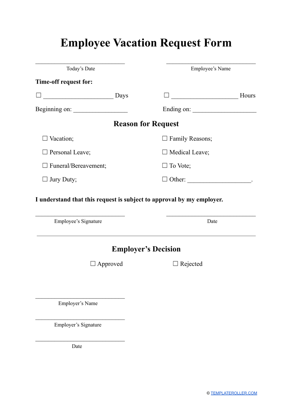Vacation Request Form Fill Out, Sign Online and Download PDF