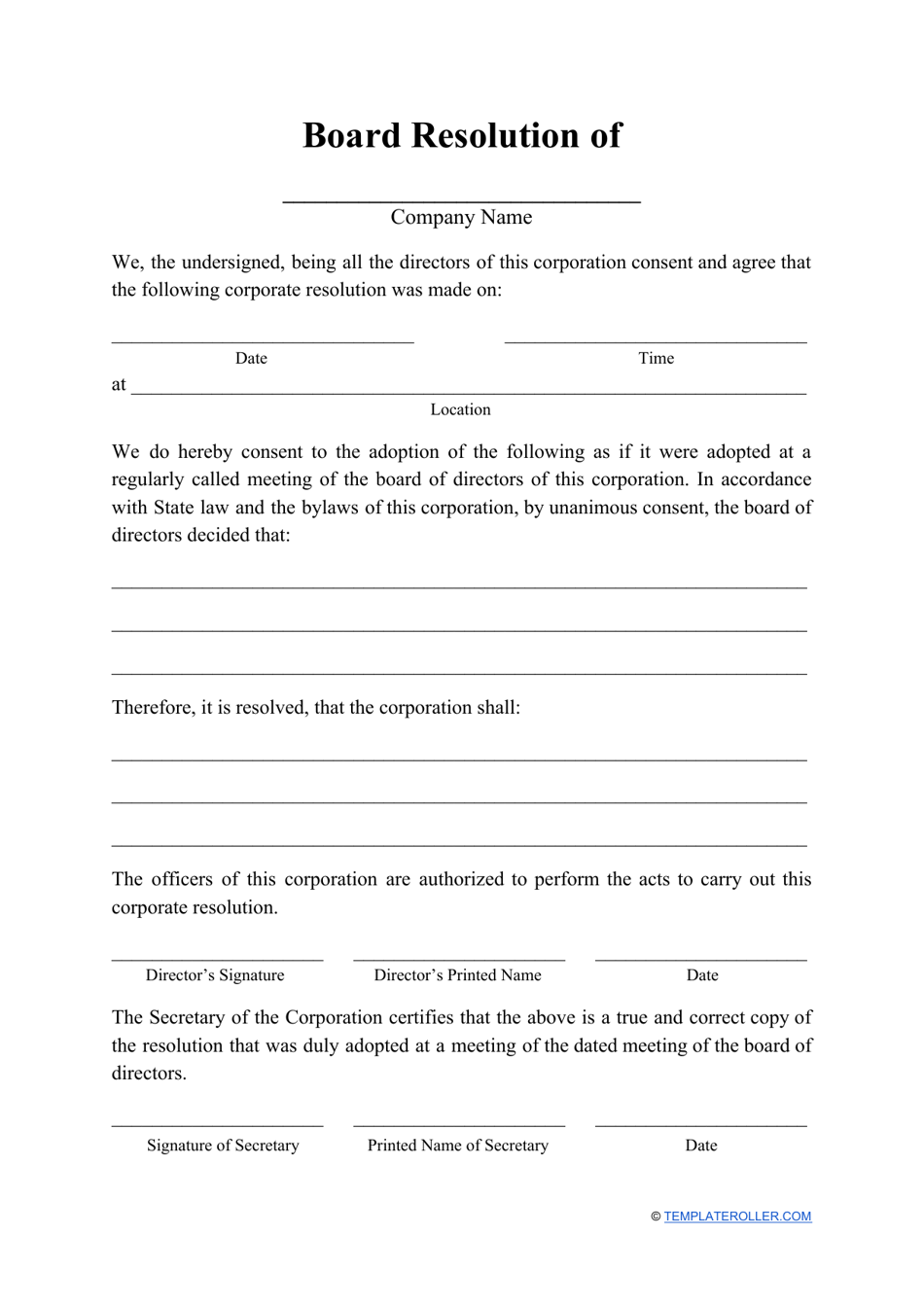 Board Resolution Template Download Printable PDF  Templateroller