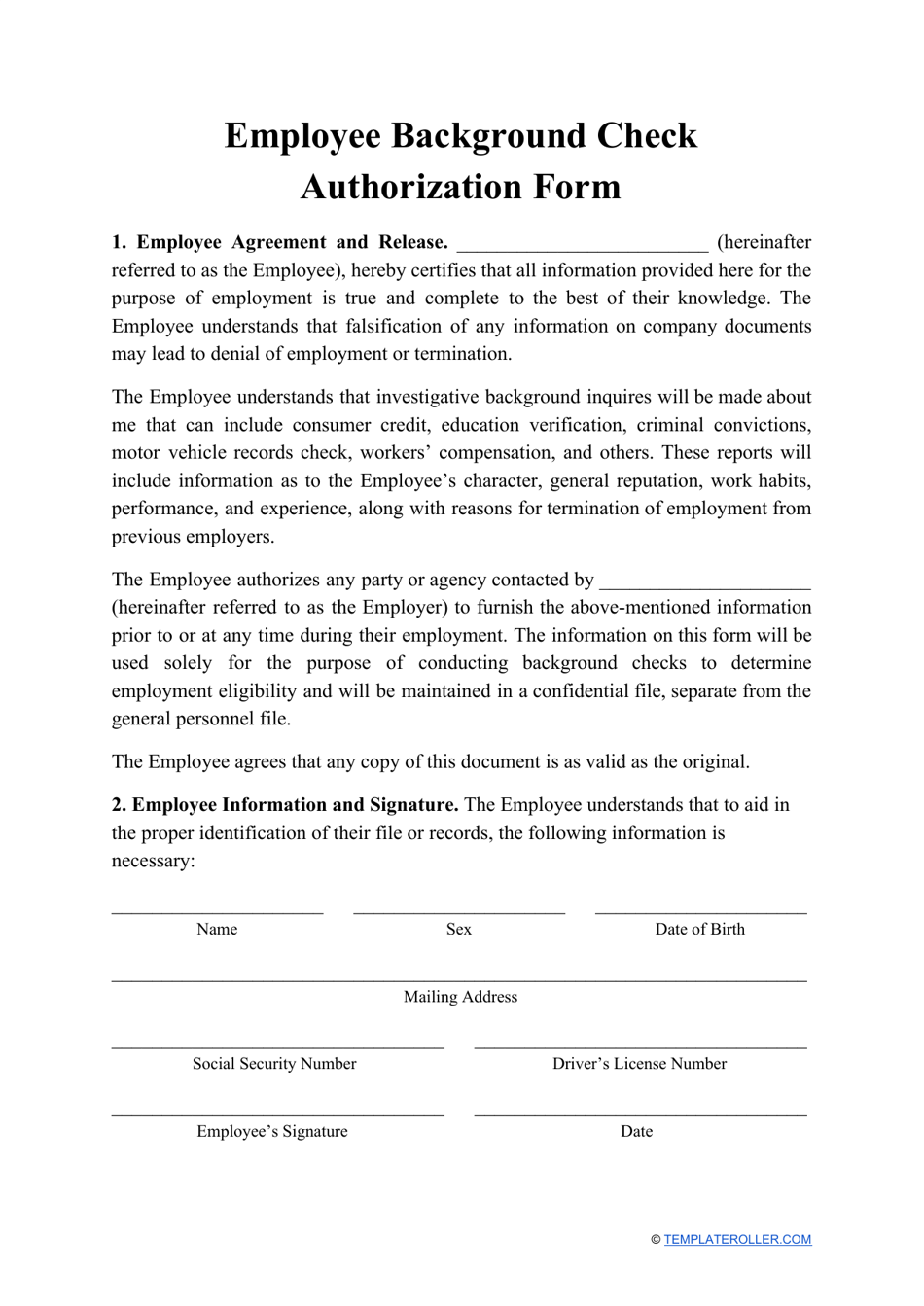 Employee Background Check Authorization Form Fill Out Sign Online