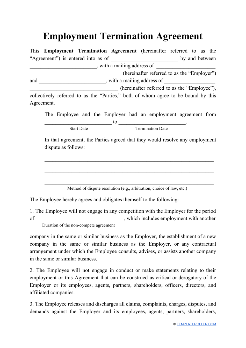 Employment Termination Agreement Template Download Printable Pdf Templateroller