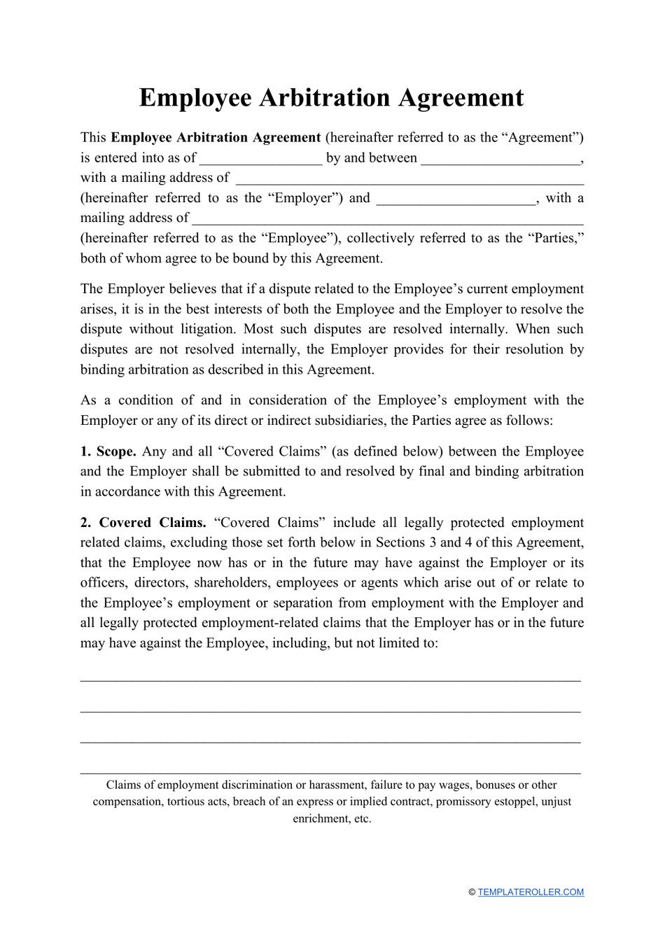 Employee Arbitration Agreement Template, Page 1