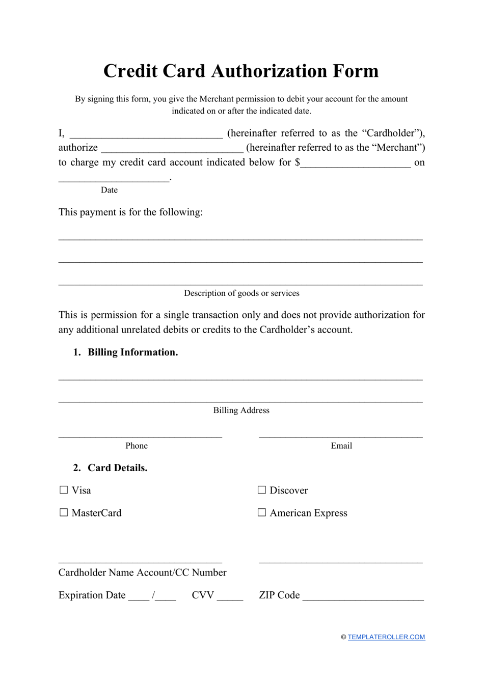 Credit Card Authorization Form Download Printable PDF  Templateroller For Authorization To Charge Credit Card Template