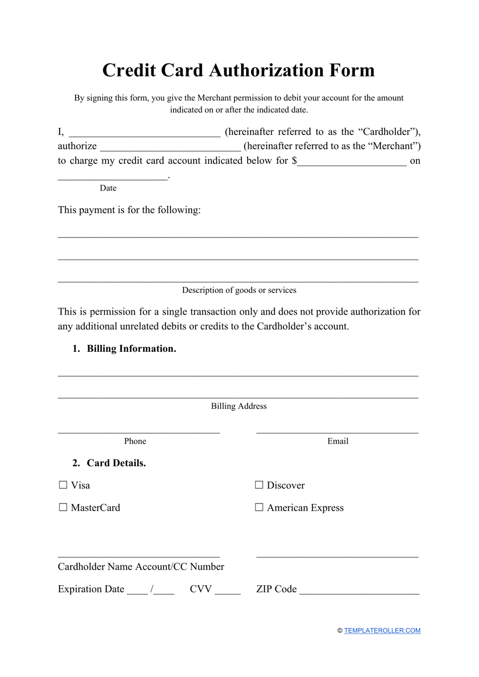 Credit Card Authorization Form Fill Out Sign Online and Download PDF