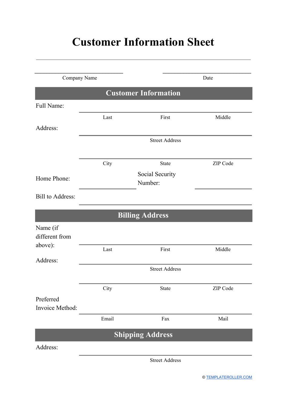 Customer Information Card Template