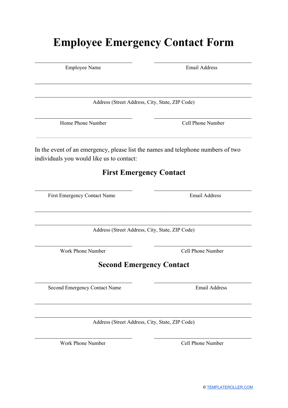 employee emergency contact form download printable pdf templateroller