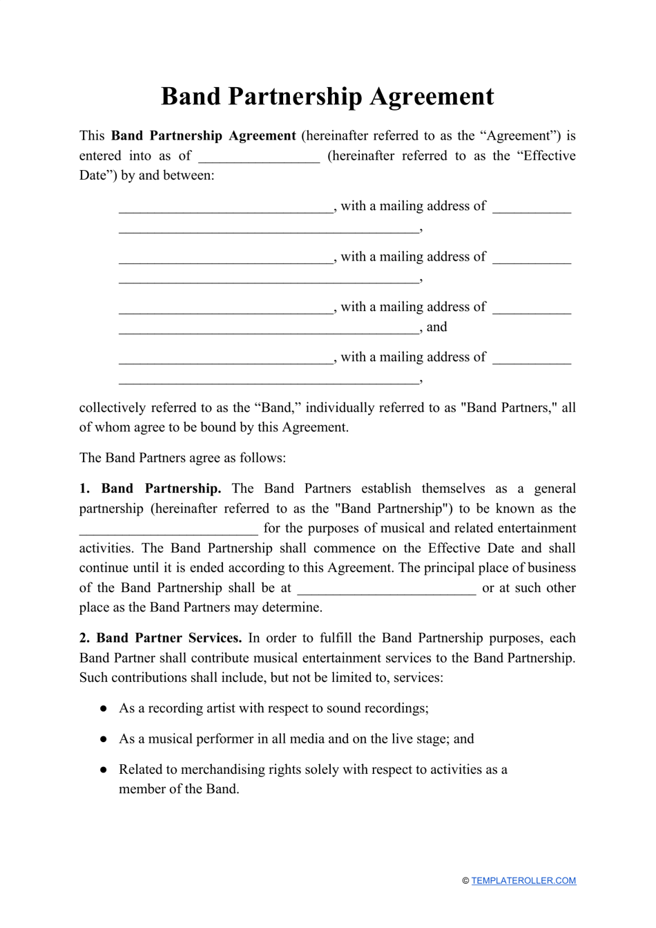 Band Partnership Agreement Template, Page 1