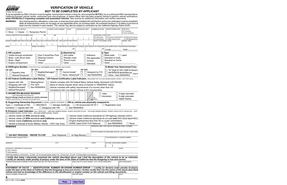 Form REG31 Verification of Vehicle - California, Page 1