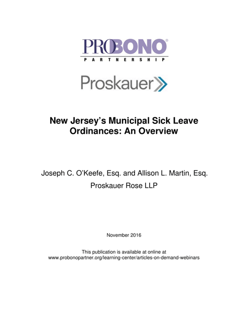 New Jersey's Municipal Sick Leave Ordinances: an Overview - Joseph C. O'keefe, Esq. and Allison L. Martin, Esq. Proskauer Rose Llp