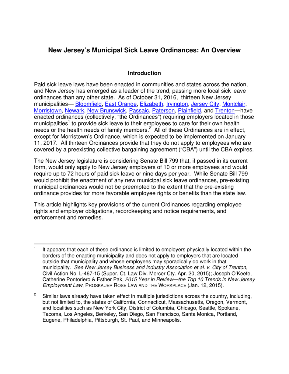 New Jerseys Municipal Sick Leave Ordinances: an Overview - Joseph C. Okeefe, Esq. and Allison L. Martin, Esq. Proskauer Rose Llp, Page 3