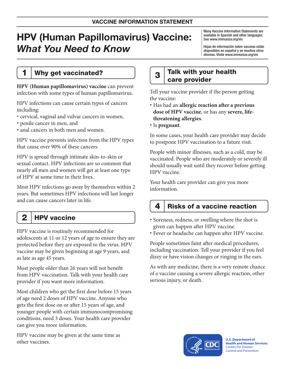Hpv (Human Papillomavirus) Vaccine: What You Need to Know, Page 1