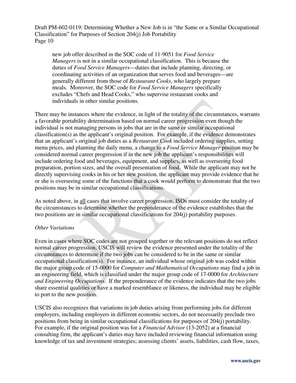 Determining Whether a New Job Is in the Same or a Similar Occupational Classification for Purposes of Section 204(J) Job Portability - Draft Policy Memorandum, Page 10