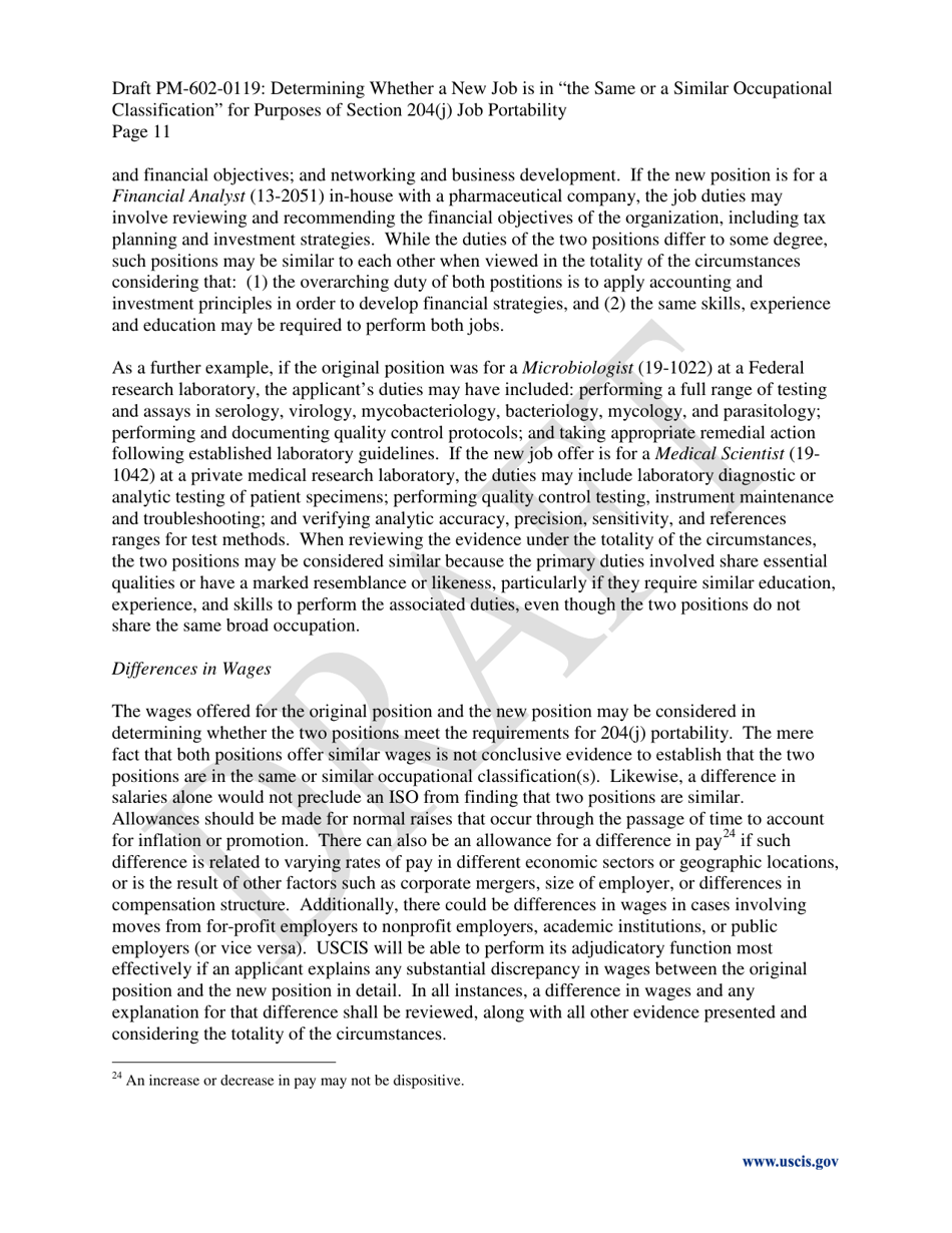 Determining Whether a New Job Is in the Same or a Similar Occupational Classification for Purposes of Section 204(J) Job Portability - Draft Policy Memorandum, Page 11