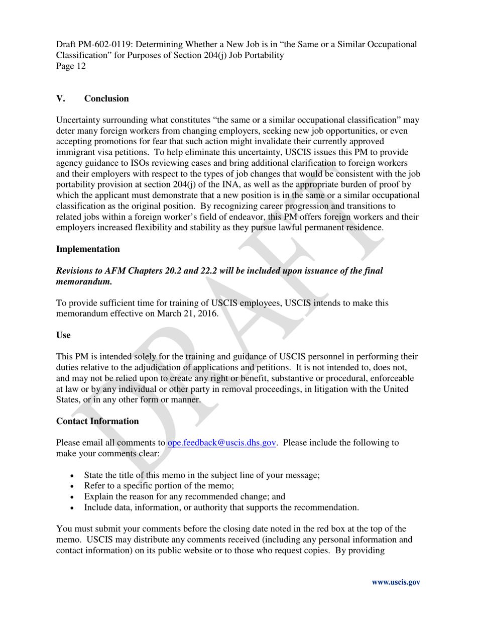 Determining Whether a New Job Is in the Same or a Similar Occupational Classification for Purposes of Section 204(J) Job Portability - Draft Policy Memorandum, Page 12
