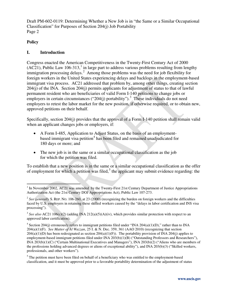 Determining Whether a New Job Is in the Same or a Similar Occupational Classification for Purposes of Section 204(J) Job Portability - Draft Policy Memorandum, Page 2