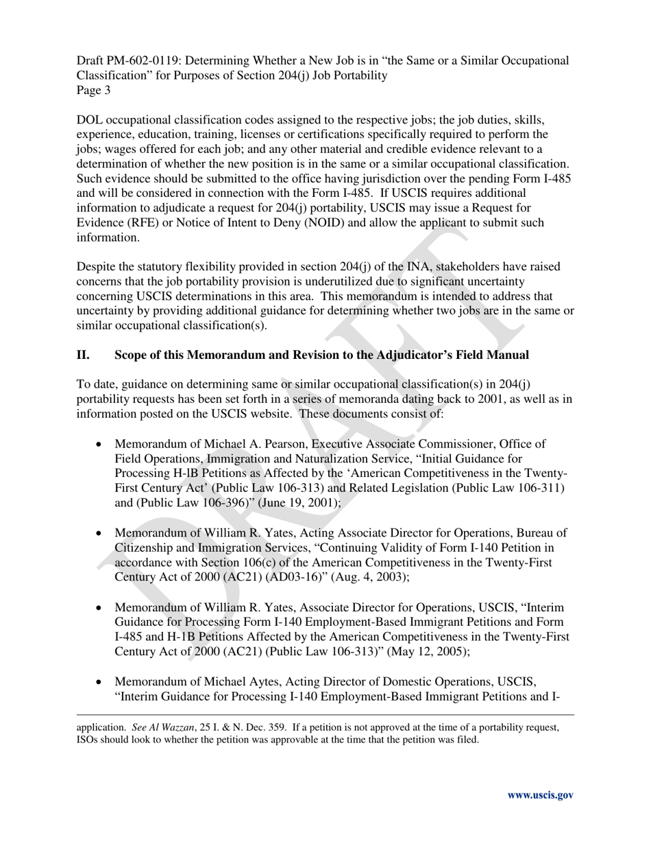 Determining Whether a New Job Is in the Same or a Similar Occupational Classification for Purposes of Section 204(J) Job Portability - Draft Policy Memorandum, Page 3