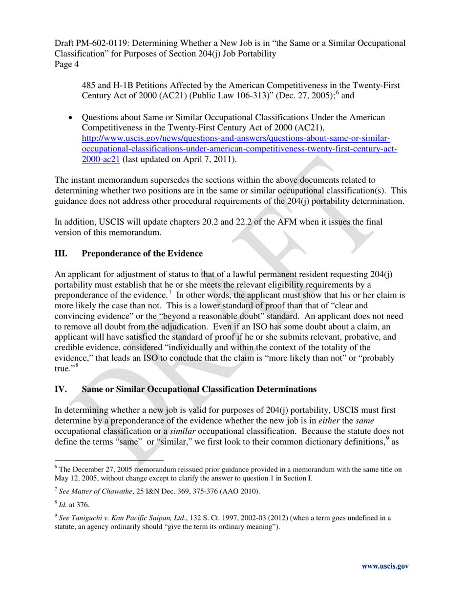 Determining Whether a New Job Is in the Same or a Similar Occupational Classification for Purposes of Section 204(J) Job Portability - Draft Policy Memorandum, Page 4