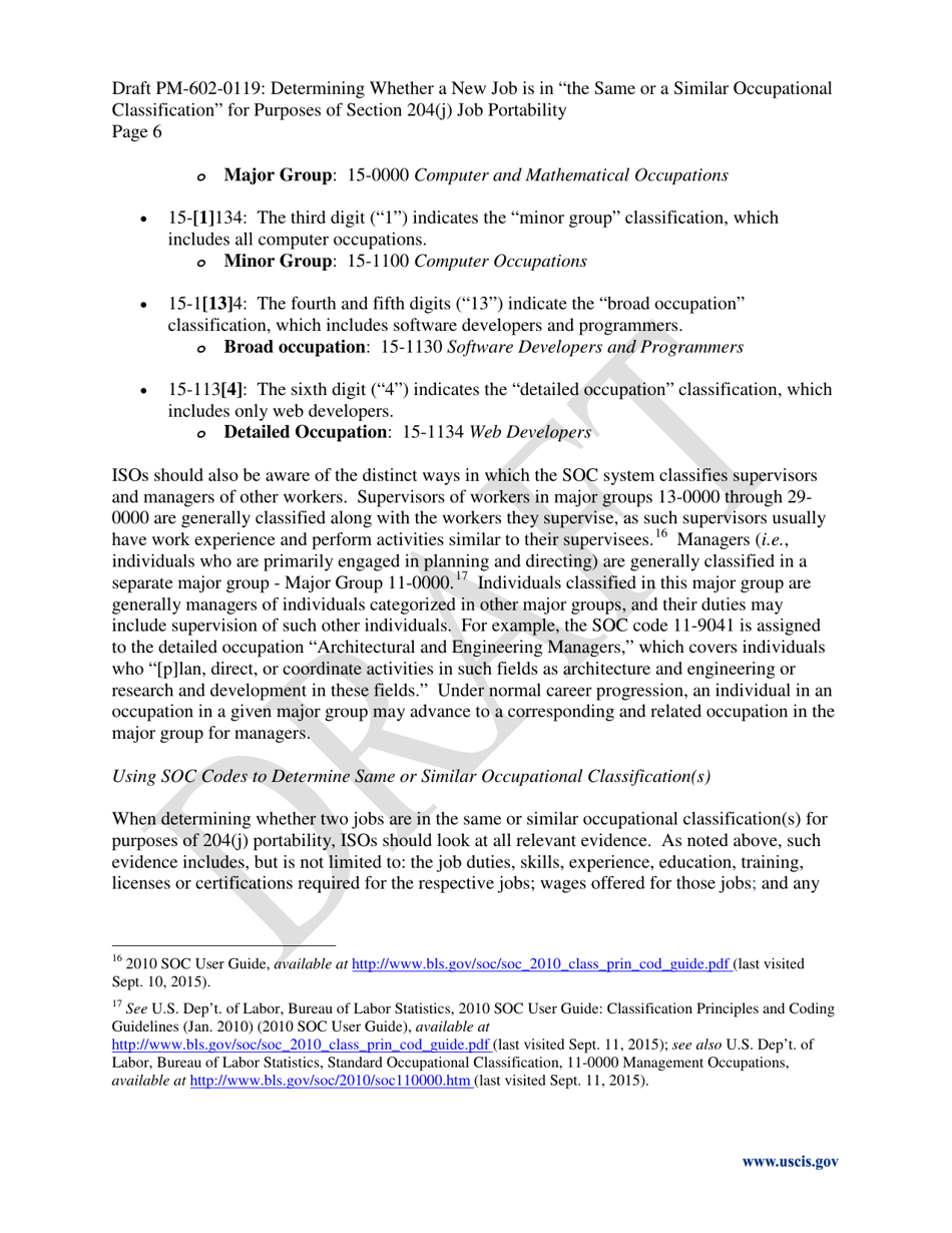 Determining Whether a New Job Is in the Same or a Similar Occupational Classification for Purposes of Section 204(J) Job Portability - Draft Policy Memorandum, Page 6